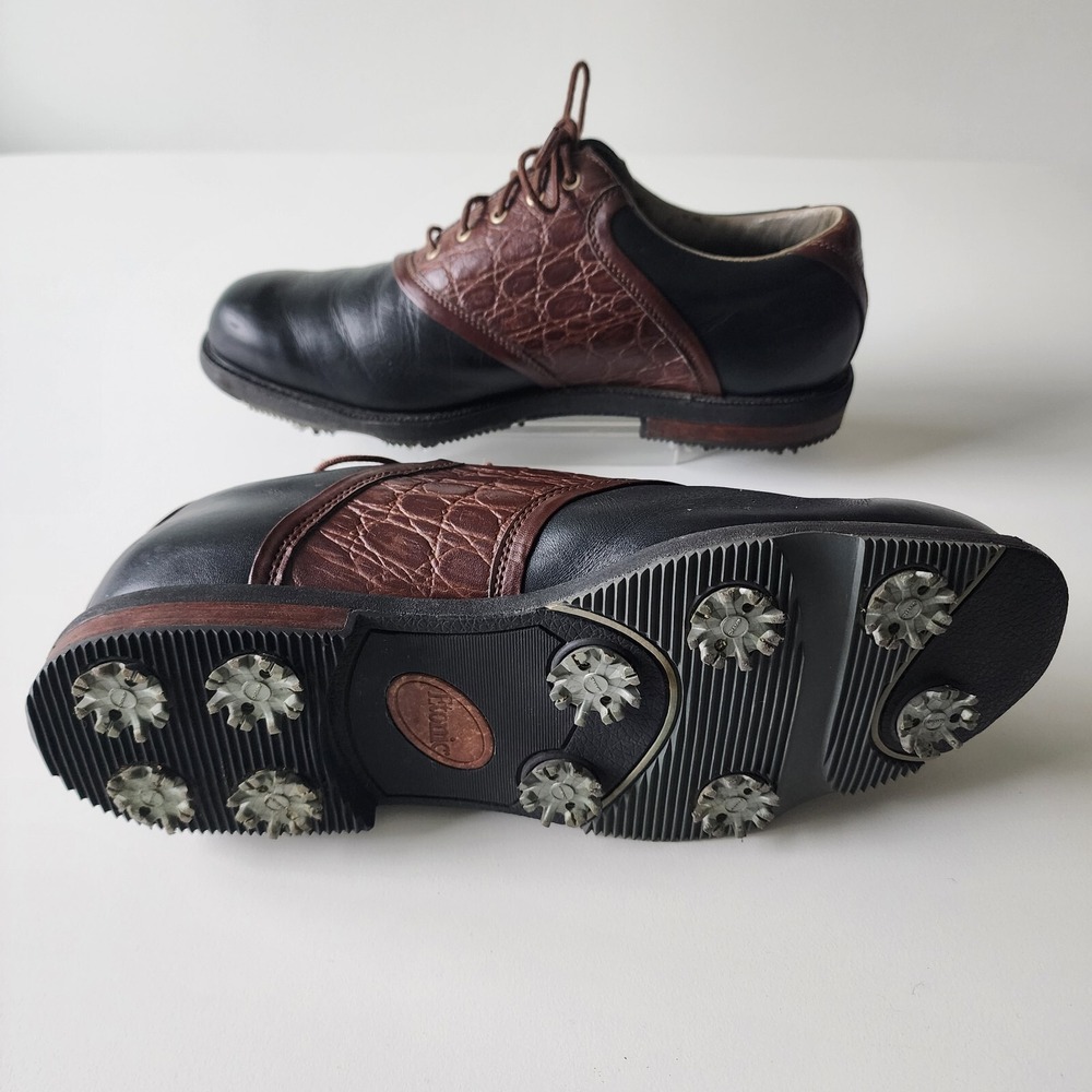 ETONIC Leather Golf Shoes Mens 9.5W Cleats Brown Black Metal Studs 2003‎ Classic